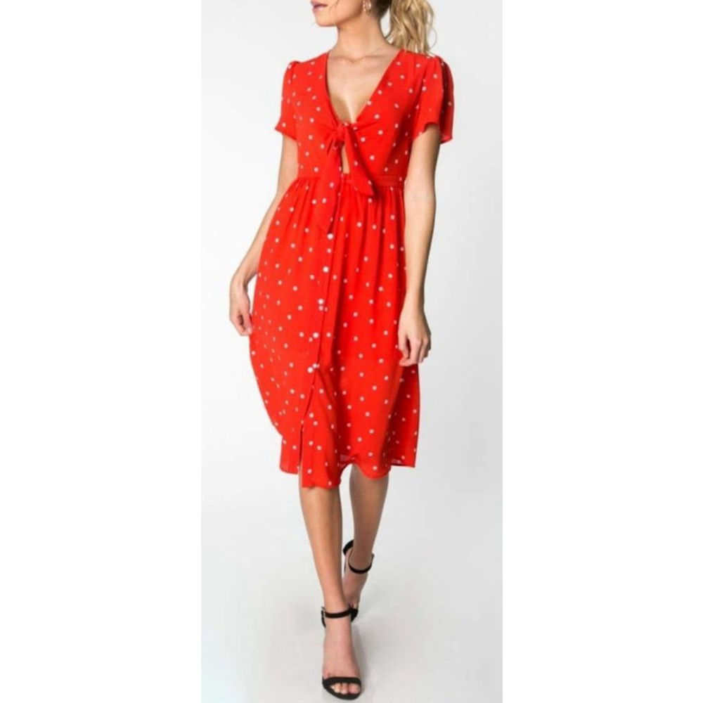 Women's Everly Red Polka Dot Tie-Front Dress Size S